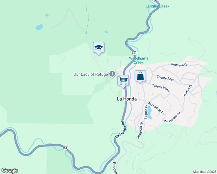 map of restaurants, bars, coffee shops, grocery stores, and more near 155 Sears Ranch Road in La Honda