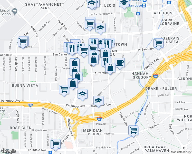map of restaurants, bars, coffee shops, grocery stores, and more near 400 Race Street in San Jose