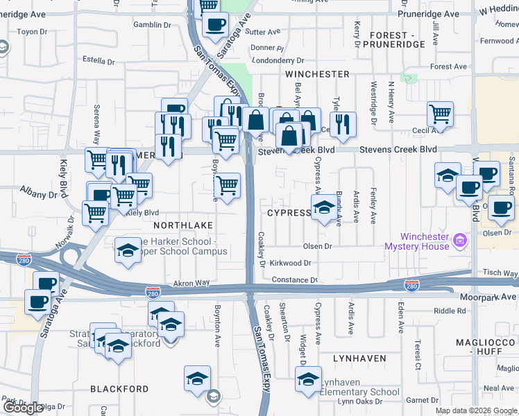 map of restaurants, bars, coffee shops, grocery stores, and more near 433 Coakley Drive in San Jose