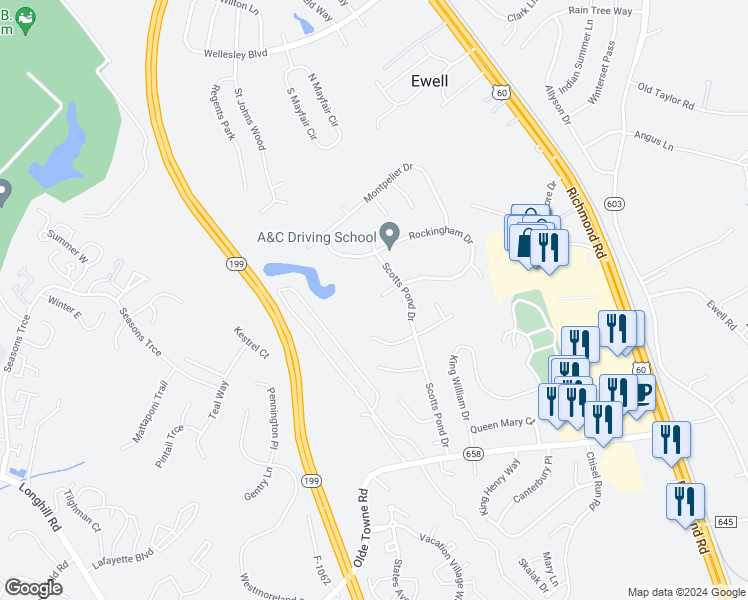 map of restaurants, bars, coffee shops, grocery stores, and more near 5116 Essex Court in Williamsburg