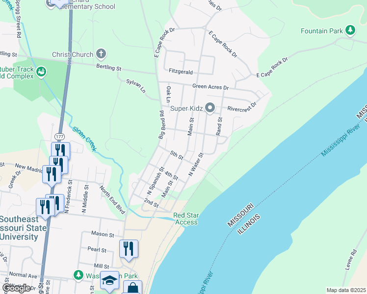 map of restaurants, bars, coffee shops, grocery stores, and more near 1423 Main Street in Cape Girardeau