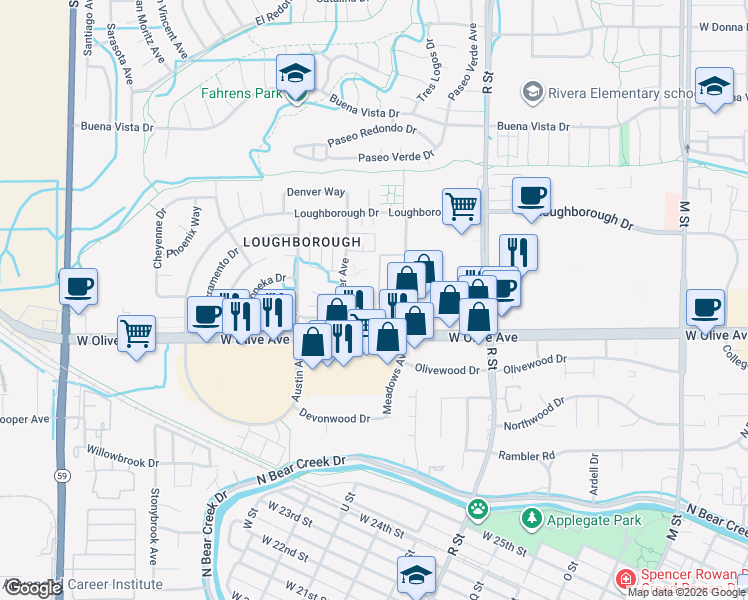 map of restaurants, bars, coffee shops, grocery stores, and more near 1310 Frankfort Court in Merced