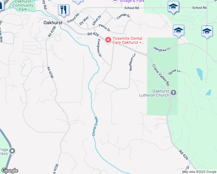 map of restaurants, bars, coffee shops, grocery stores, and more near 39314 Washburn Lane in Oakhurst
