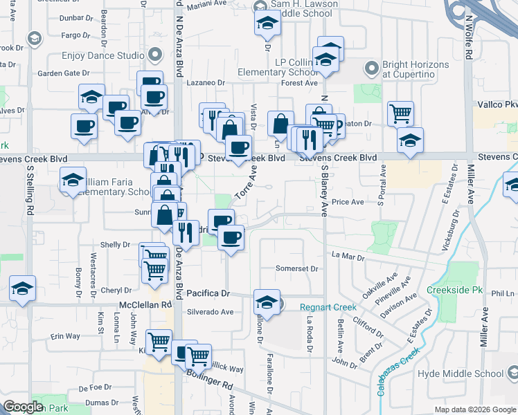 map of restaurants, bars, coffee shops, grocery stores, and more near in Cupertino