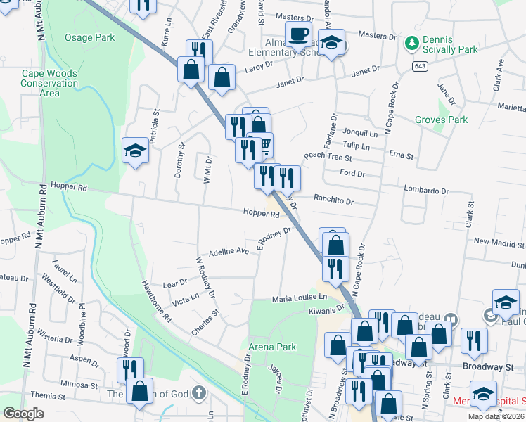 map of restaurants, bars, coffee shops, grocery stores, and more near 2640 Hopper Road in Cape Girardeau