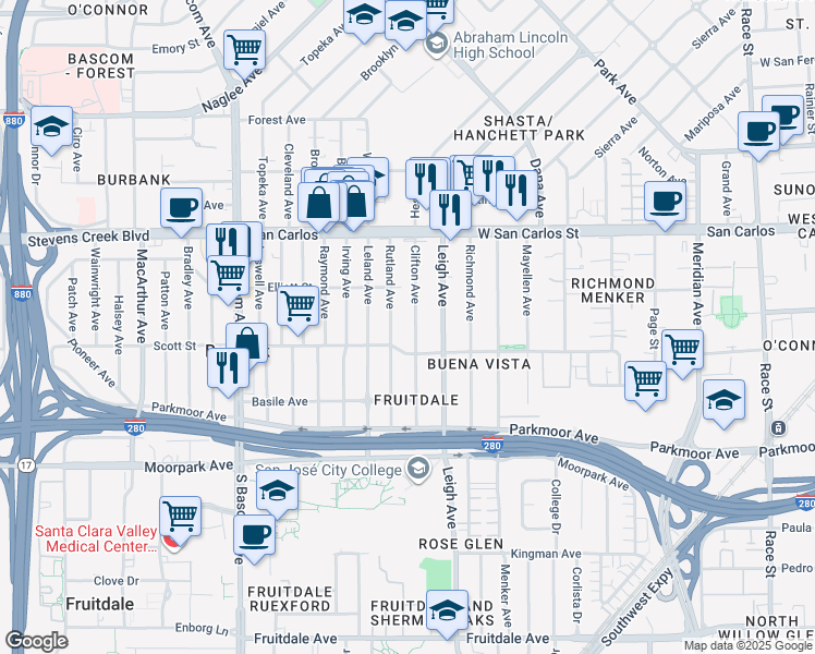 map of restaurants, bars, coffee shops, grocery stores, and more near 495 Rutland Avenue in San Jose