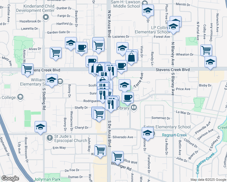 map of restaurants, bars, coffee shops, grocery stores, and more near 10200 South De Anza Boulevard in Cupertino