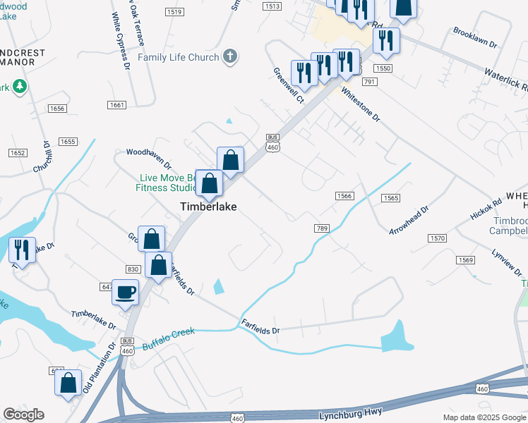 map of restaurants, bars, coffee shops, grocery stores, and more near 155 Lake Court Avenue in Lynchburg