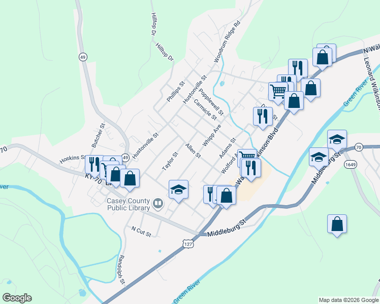 map of restaurants, bars, coffee shops, grocery stores, and more near 101-299 Whipp Avenue in Liberty