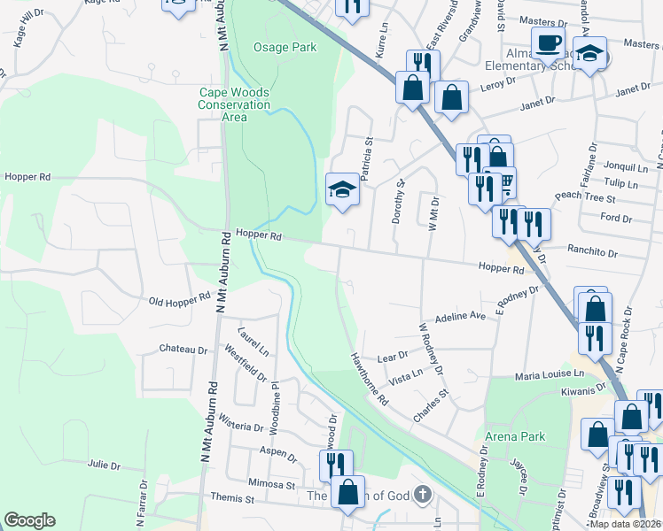 map of restaurants, bars, coffee shops, grocery stores, and more near 937 Hawthorne Road in Cape Girardeau