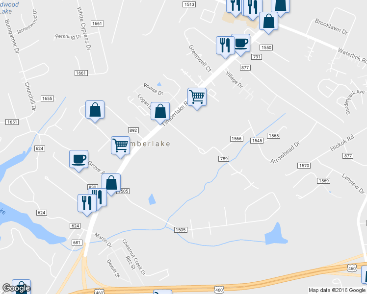 map of restaurants, bars, coffee shops, grocery stores, and more near 155 Lake Court Avenue in Lynchburg