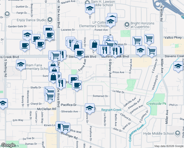 map of restaurants, bars, coffee shops, grocery stores, and more near 10212 Danube Drive in Cupertino