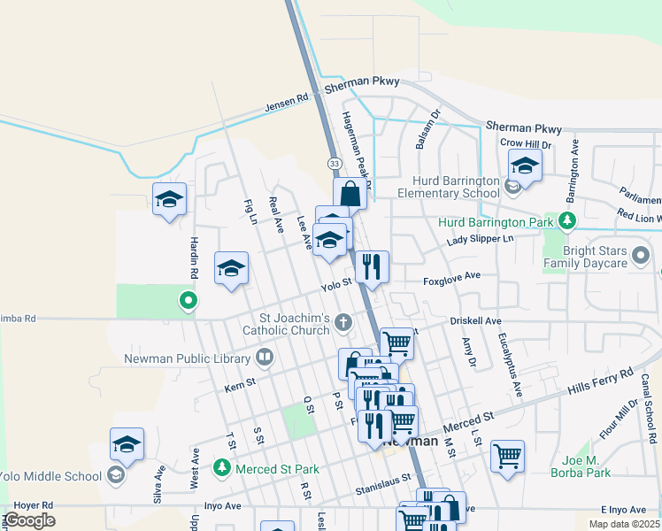 map of restaurants, bars, coffee shops, grocery stores, and more near 890 Main Street in Newman