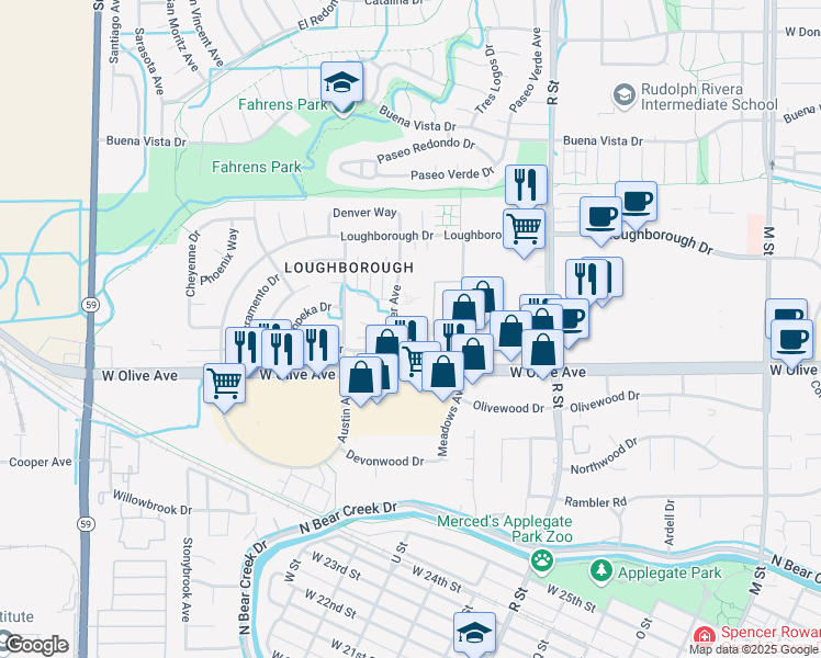 map of restaurants, bars, coffee shops, grocery stores, and more near 1330 Frankfort Court in Merced