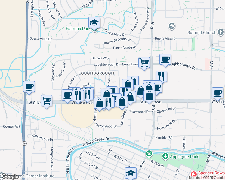 map of restaurants, bars, coffee shops, grocery stores, and more near 1332 Frankfort Court in Merced
