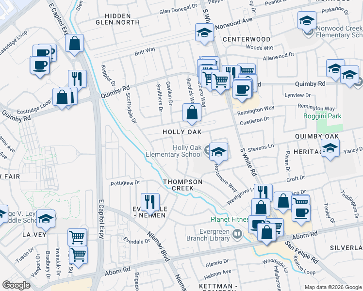 map of restaurants, bars, coffee shops, grocery stores, and more near 2991 Everdale Drive in San Jose