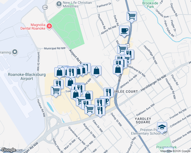 map of restaurants, bars, coffee shops, grocery stores, and more near 5220-5234 Airport Rd NW in Roanoke