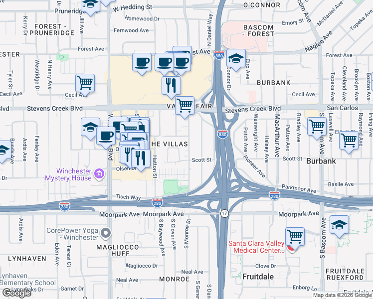 map of restaurants, bars, coffee shops, grocery stores, and more near 512 Villa Centre Way in San Jose