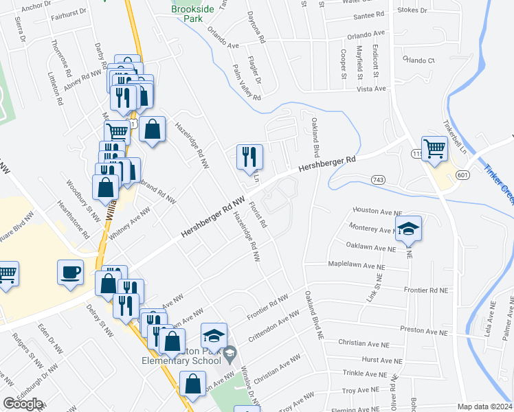 map of restaurants, bars, coffee shops, grocery stores, and more near 4825 Florist Road in Roanoke