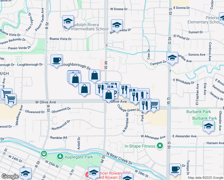 map of restaurants, bars, coffee shops, grocery stores, and more near 555 West Olive Avenue in Merced