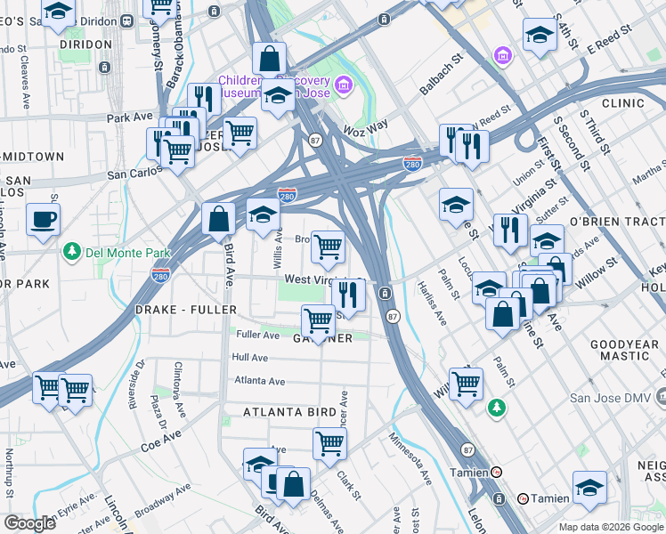 map of restaurants, bars, coffee shops, grocery stores, and more near in San Jose