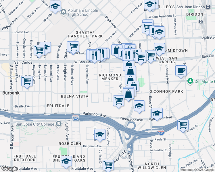 map of restaurants, bars, coffee shops, grocery stores, and more near 471 South Willard Avenue in San Jose