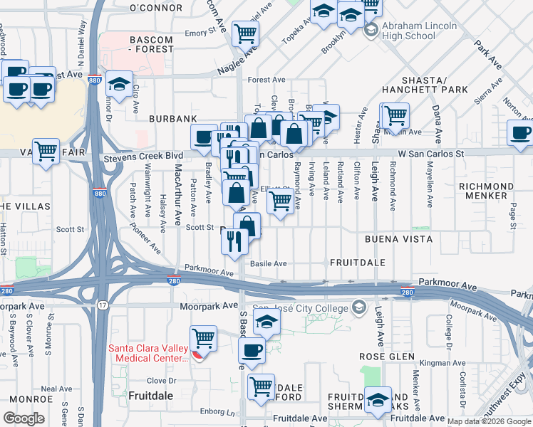 map of restaurants, bars, coffee shops, grocery stores, and more near in San Jose