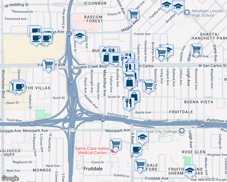 map of restaurants, bars, coffee shops, grocery stores, and more near 499 Patton Avenue in San Jose