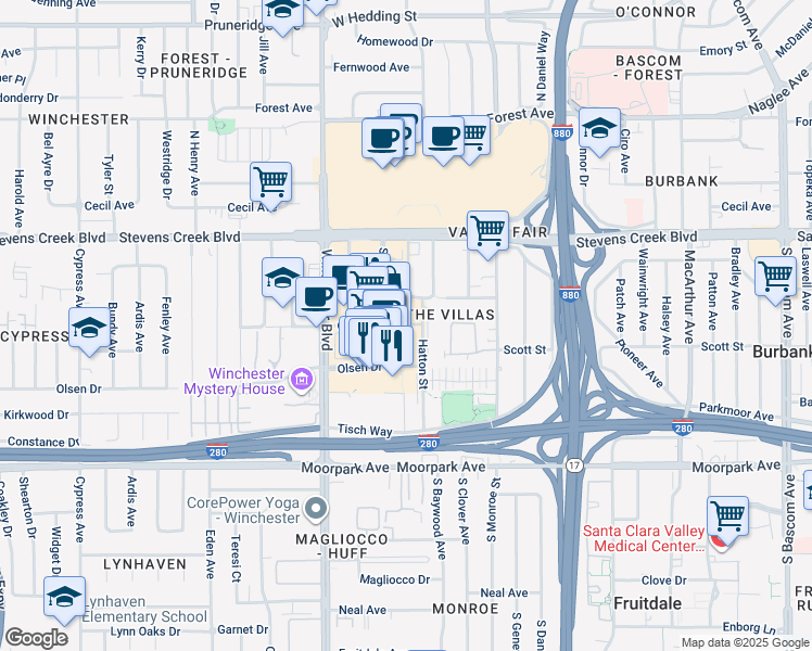 map of restaurants, bars, coffee shops, grocery stores, and more near 388 Santana Row in San Jose
