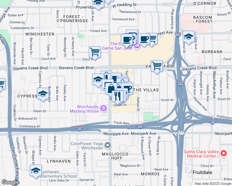 map of restaurants, bars, coffee shops, grocery stores, and more near 377 Santana Row in San Jose