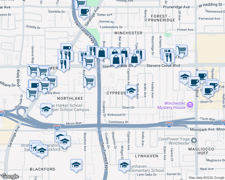 map of restaurants, bars, coffee shops, grocery stores, and more near 3568 Judro Way in San Jose