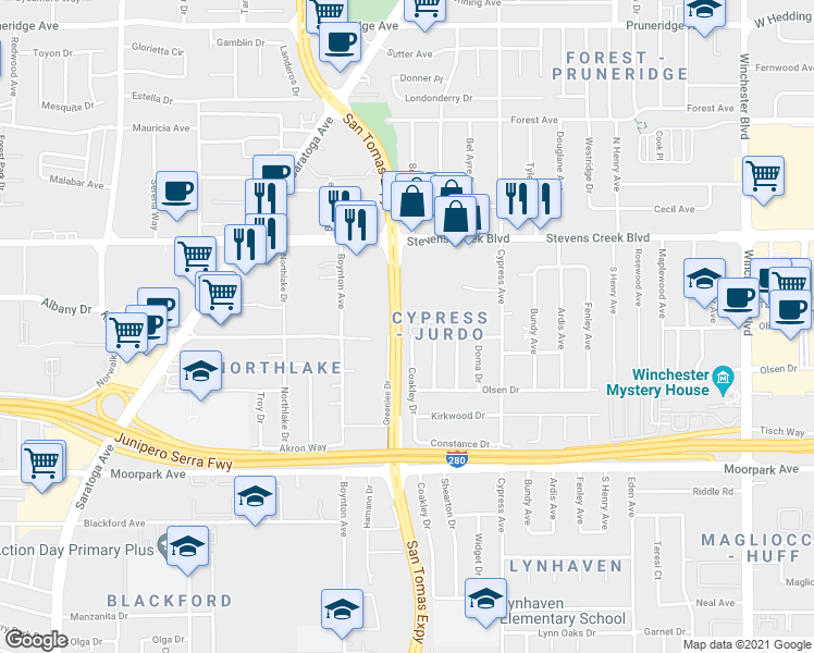map of restaurants, bars, coffee shops, grocery stores, and more near 433 Coakley Drive in San Jose