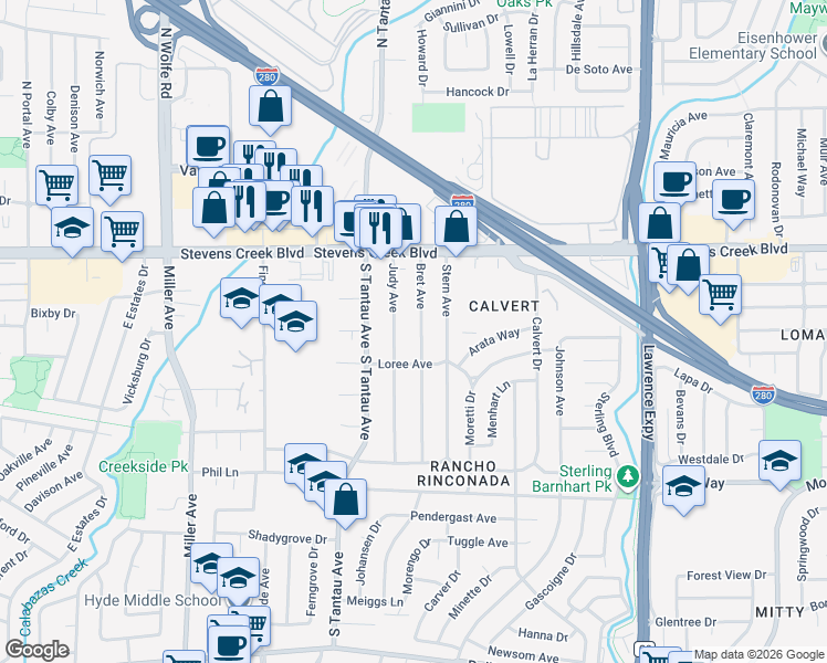 map of restaurants, bars, coffee shops, grocery stores, and more near 10163 Bret Avenue in Cupertino