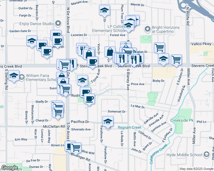 map of restaurants, bars, coffee shops, grocery stores, and more near 10212 Danube Drive in Cupertino