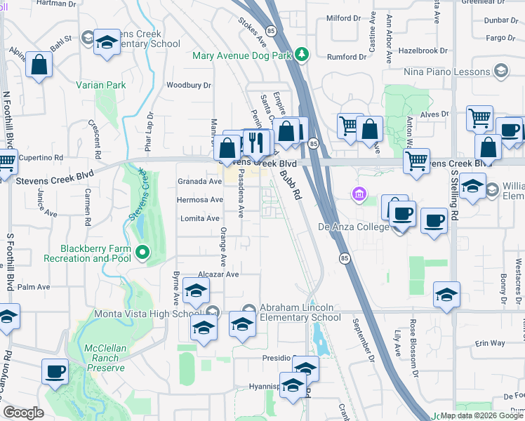 map of restaurants, bars, coffee shops, grocery stores, and more near 10207 Imperial Avenue in Cupertino