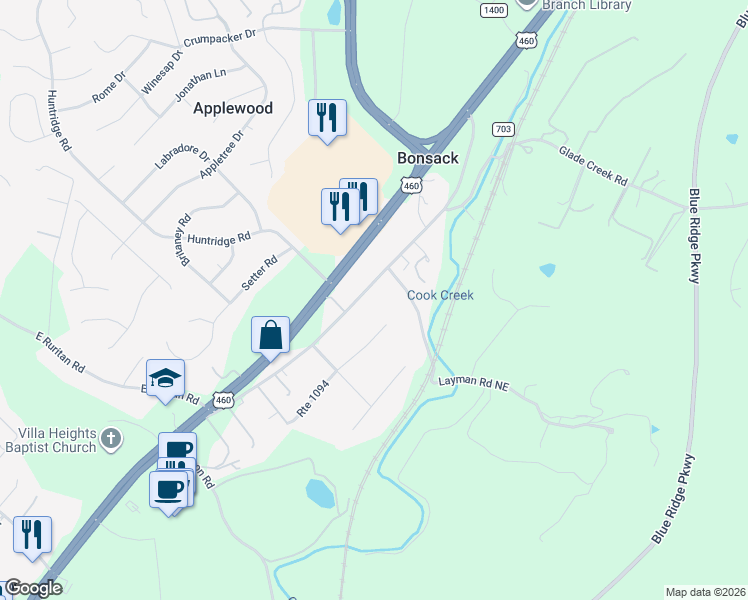 map of restaurants, bars, coffee shops, grocery stores, and more near 4457 Bonsack Road Northeast in Roanoke