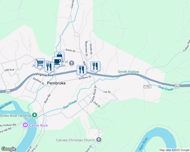 map of restaurants, bars, coffee shops, grocery stores, and more near 105 Castle Rock Drive in Pembroke