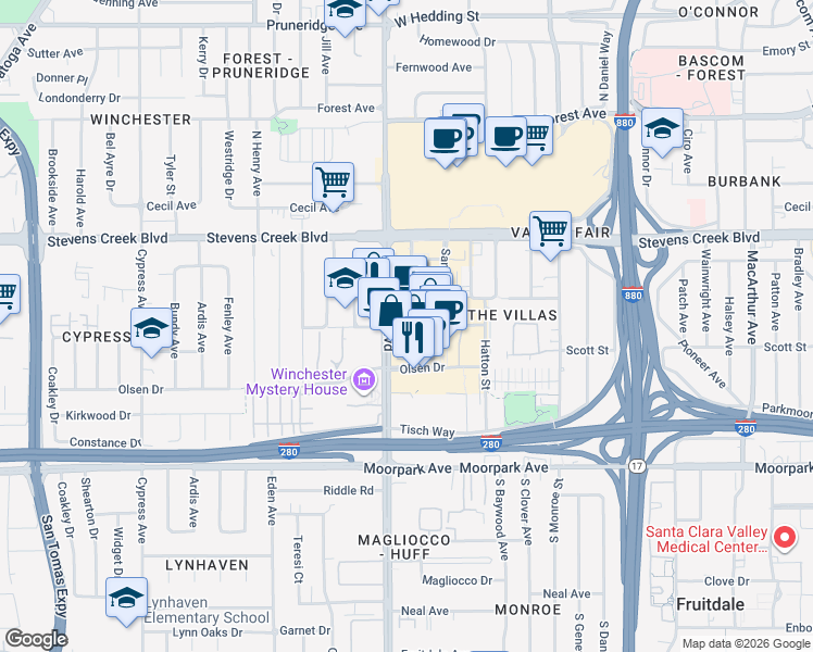 map of restaurants, bars, coffee shops, grocery stores, and more near 377 Santana Row in San Jose