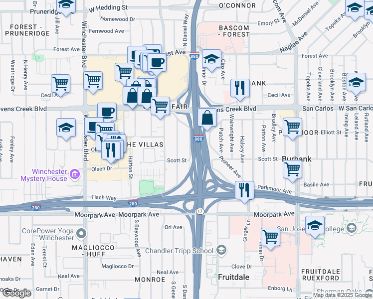 map of restaurants, bars, coffee shops, grocery stores, and more near 433 South Daniel Way in San Jose
