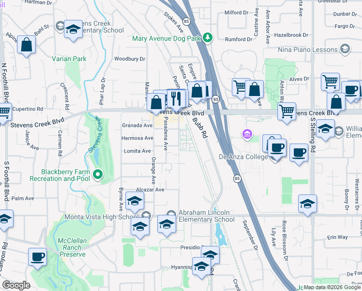 map of restaurants, bars, coffee shops, grocery stores, and more near 10207 Imperial Avenue in Cupertino