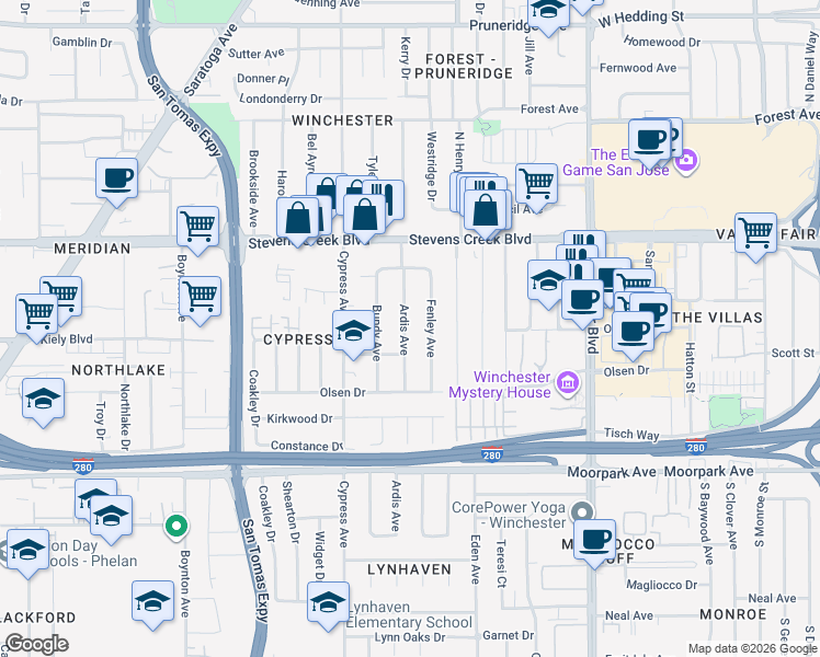 map of restaurants, bars, coffee shops, grocery stores, and more near 416 Ardis Avenue in San Jose