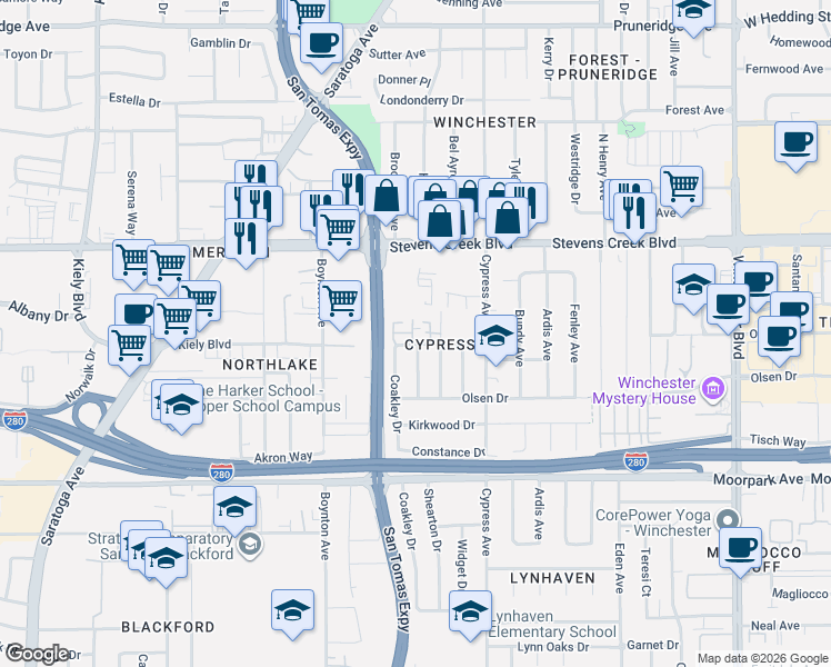 map of restaurants, bars, coffee shops, grocery stores, and more near 477 Quail Bush Court in San Jose