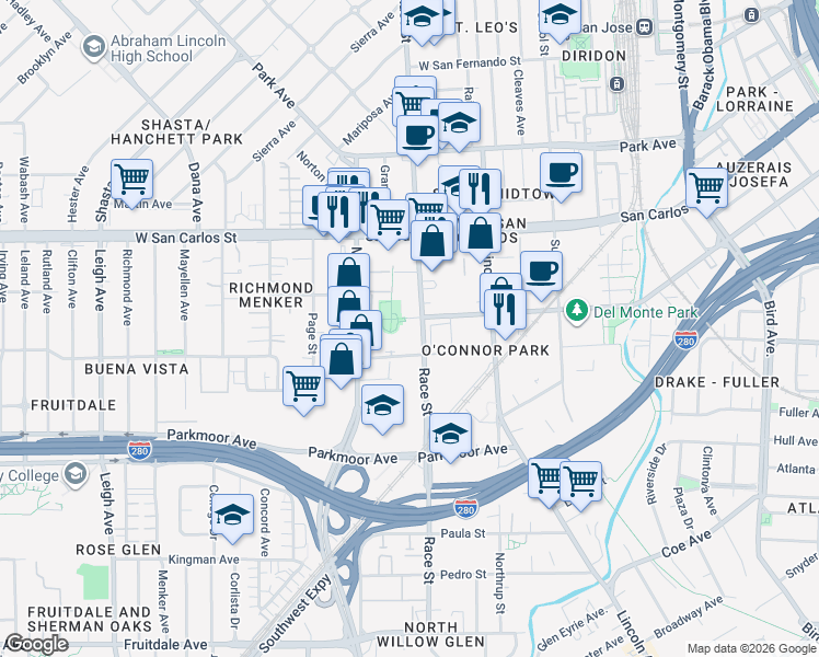 map of restaurants, bars, coffee shops, grocery stores, and more near 1310 Saddle Rack Street in San Jose