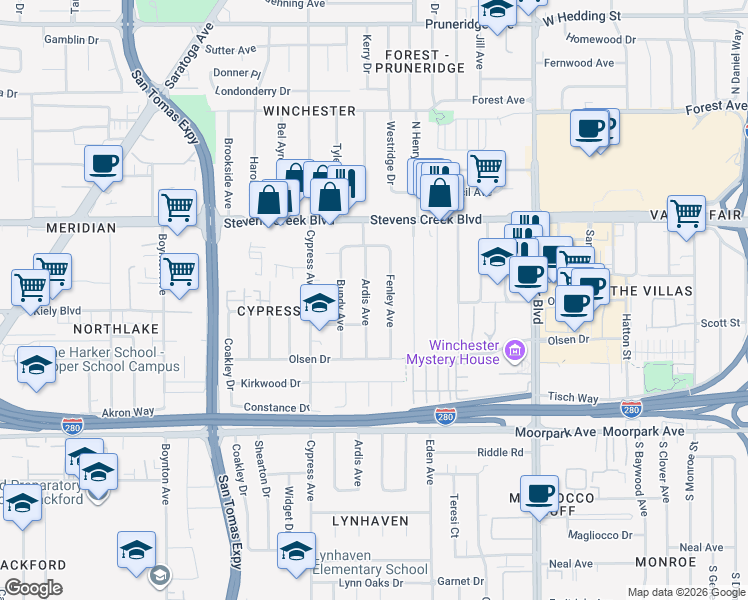 map of restaurants, bars, coffee shops, grocery stores, and more near 416 Ardis Avenue in San Jose