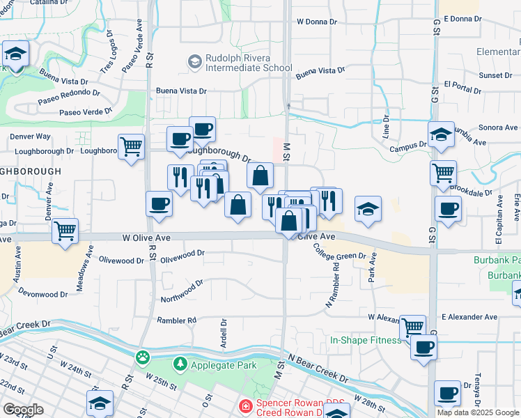 map of restaurants, bars, coffee shops, grocery stores, and more near in Merced