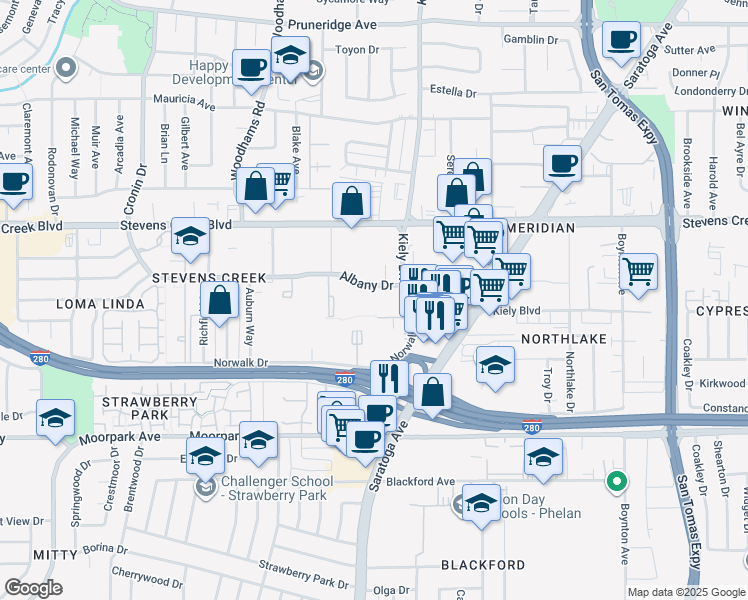 map of restaurants, bars, coffee shops, grocery stores, and more near 353 Kiely Boulevard in San Jose