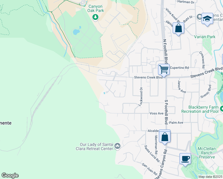 map of restaurants, bars, coffee shops, grocery stores, and more near 10178 Ridgeway Drive in Cupertino