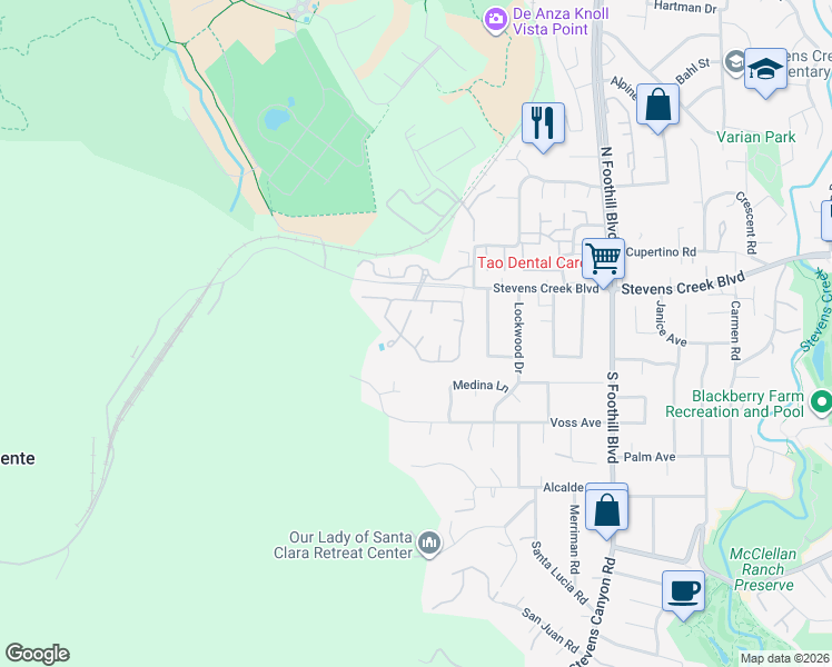 map of restaurants, bars, coffee shops, grocery stores, and more near 22917 Cricket Hill Road in Cupertino