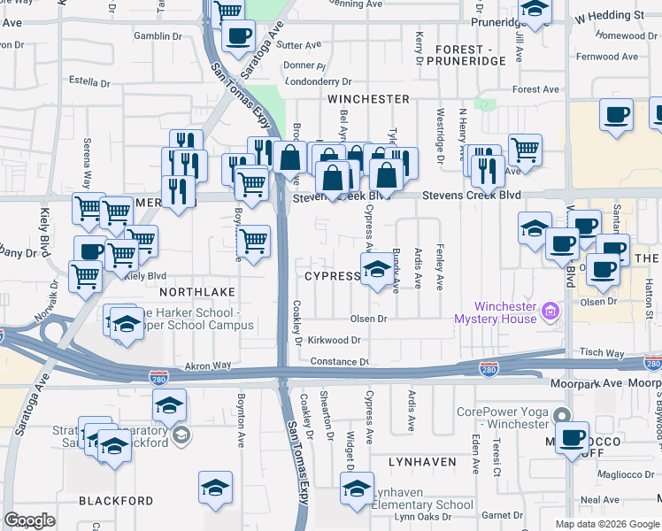 map of restaurants, bars, coffee shops, grocery stores, and more near 503 Box Leaf Court in San Jose