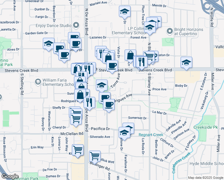 map of restaurants, bars, coffee shops, grocery stores, and more near 10189 Macadam Lane in Cupertino